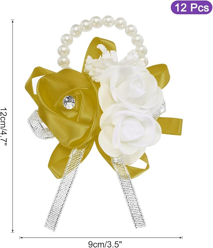 MECCANIXITY 12Pcs Wrist Corsage Artificial Flower Bracelets Rose Wrist Bride Groom Decorative for Wedding Ceremony Prom Party Anniversary Dark Yellow