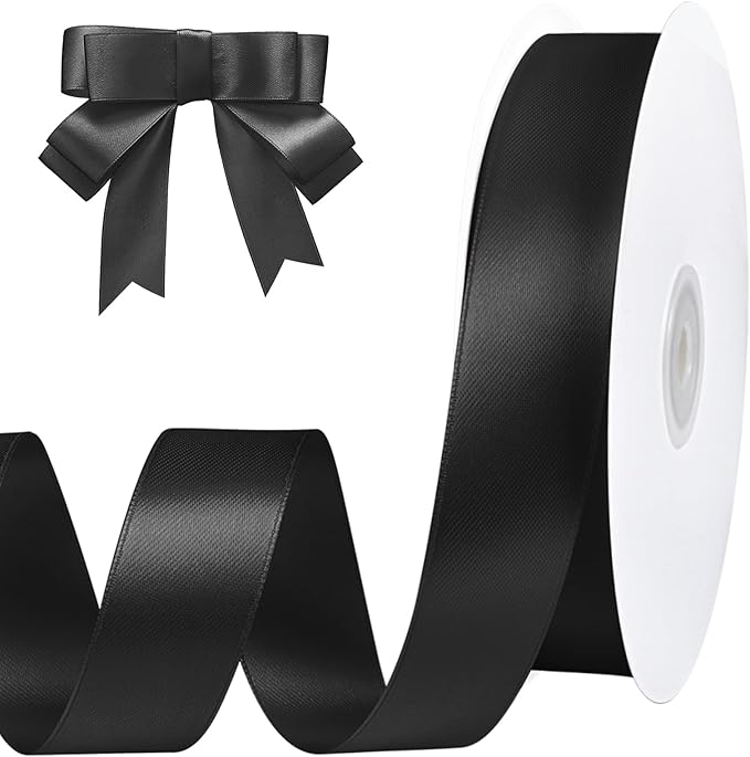Black Ribbon 1 inch 60 Yards Double Faced Black Satin Ribbon for Halloween Christmas Decor Gift Wrapping Crafts Hair Bows Streamers Party Graduate Gift