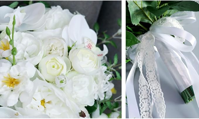 Wedding Cascading Bridal Bouquet, White Phalaenopsis Water Drop Waterfall Bridal Bouquet Artificial Flowers Roses Bride Bouquet for Wedding Party Bridal Shower Church Home Decoration