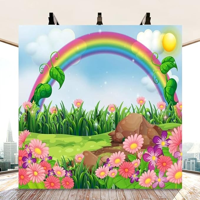 AOFOTO 8x8ft Cartoon Spring Flowers Rainbow Backdrop Meadow Sweet Floral Blossom Sky Sun Enchanting Garden Scenery Background for Kids Baby Shower Birthday Party Decor Wallpaper Photoshoot Props