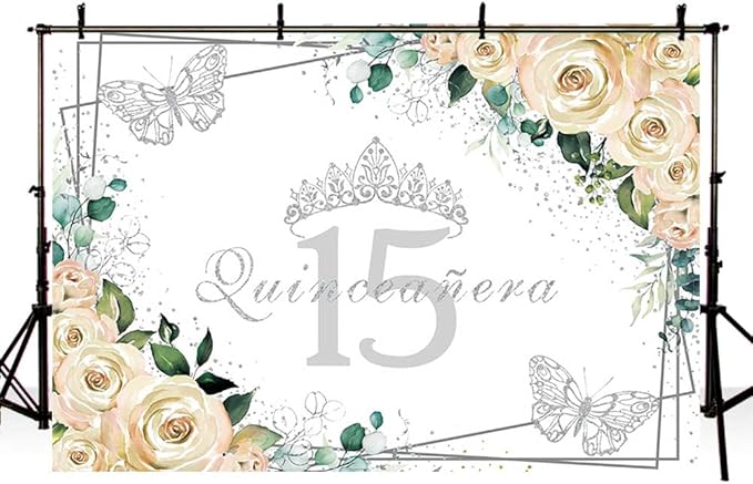 Sendy 7x5ft Quinceañera Backdrop Mis Quince 15 Anos Birthday Party Decorations Supplies for Girl Princess White Floral Silver Crown Butterfly Photography Background Banner Photo Booth Studio Props