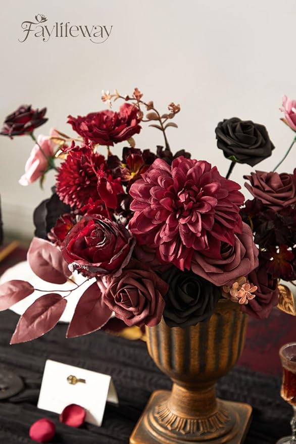 Artificial Flowers, Burgundy Silk Flowers for Centerpieces Decoration, Fake Cake Flowers for DIY Wedding Bridal Bouquets Home Party Floral Arrangement Decor