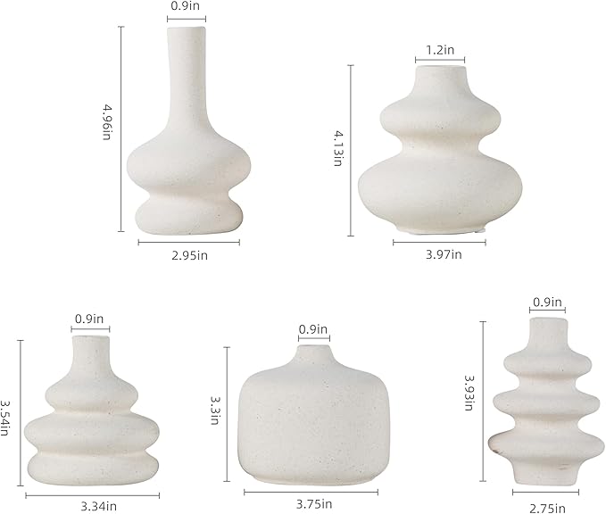 Small White Ceramic Vases Set of 5, Mini Decorative Boho Vases for Flower, Wedding & Home Decor