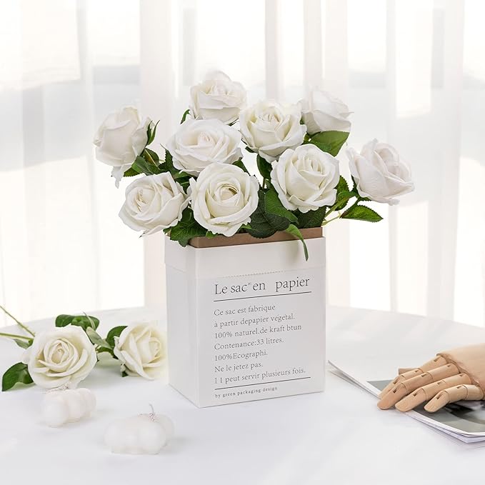 Hawesome Fake Roses Artificial Silk Flowers - 12 Pcs White Roses Artificial Faux Flowers with Stems for Home Wedding Centerpiece Hotel Office Decor