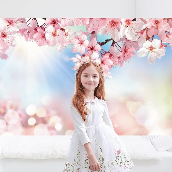 Renaiss 8x6ft Cherry Blossom Floral Backdrop Pink Flower Sunshine Bokeh Romantic Nature Scenery Photography Background for Wedding Bridal Shower Birthday Party Decor Photo Booth Props