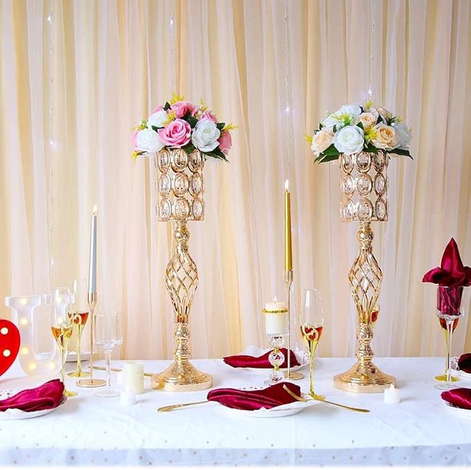 Set of 10 Metal Diamond Crystal Wedding Centerpiece Vases for Tables, 24in Gold Versatile Tall Flower Holders Centerpiece Flower Stands for Wedding Party Reception Dining Room Living Room Décor