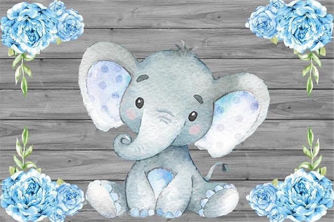 AOFOTO 10x6.5ft Cute Baby Elephant Backdrop Baby Shower Party Decoration Photography Background Watercolor Flowers Grey Wood Cartoon Girl Kid Boy Birthday Cake Dessert Table Banner Photo Studio Props