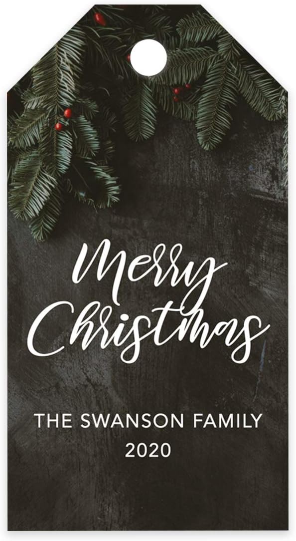 Andaz Press Personalized Christmas Holiday Season Classic Gift Tags, Merry Christmas Custom Family Name and Year, Green Christmas Tree Branch Design, for Holiday Events, Parties, and Favors, 60-Pack