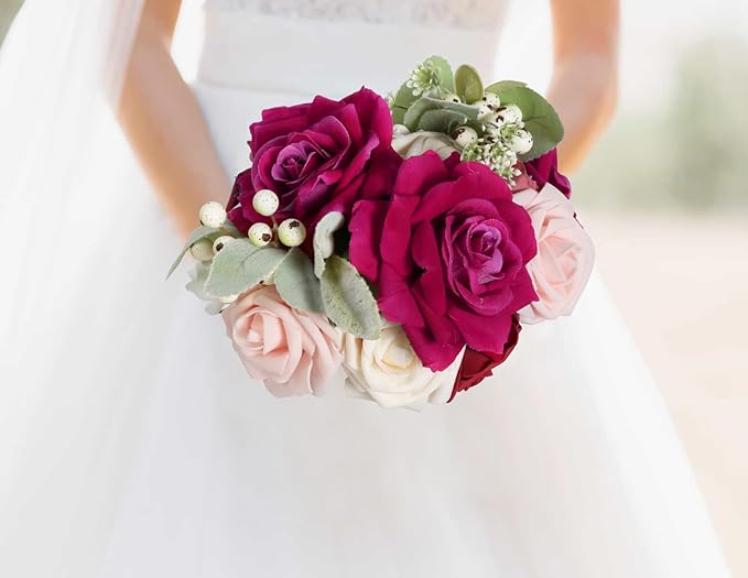 Hot Pink Roses 16pcs Artificial Velvet Roses Head Bulk Silk Flowers 4.3" Hot Pink Artificial Roses with Stems for Wedding Flowers for Centerpieces Home Party Decor (Hot Pink)