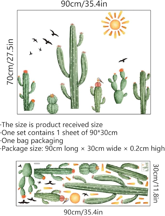 Boho Cactus Wall Decals Boho Sun Wall Stickers Tropical Cacti Green Plants with Birds Wall Decals for Living Room, Bedroom, Kitchen, Dining Room
