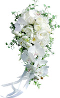 Wedding Cascading Bridal Bouquet, White Phalaenopsis Water Drop Waterfall Bridal Bouquet Artificial Flowers Roses Bride Bouquet for Wedding Party Bridal Shower Church Home Decoration