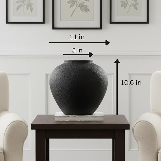 Black Large Round Vase Pottery Look for Home Decor, Arina Black Rustic Vase Modern Farmhouse, Console Table Decor, Earthy Textured Big Black Round Vases for Centerpieces, Jarrones Grandes