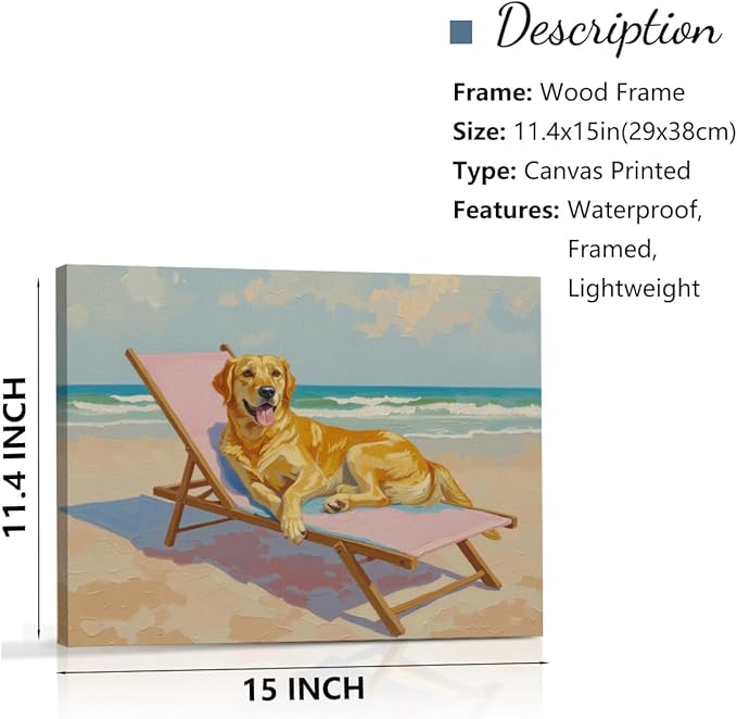 Pink Beach Chair Dog Decor Beach House Wall Decor Canvas Wall Art Framed Art Prints Artwork Posters for Home Living Room Bathroom Dog Mom Room Wall Decorations Paintings Pictures 14.5X11.5 Inch