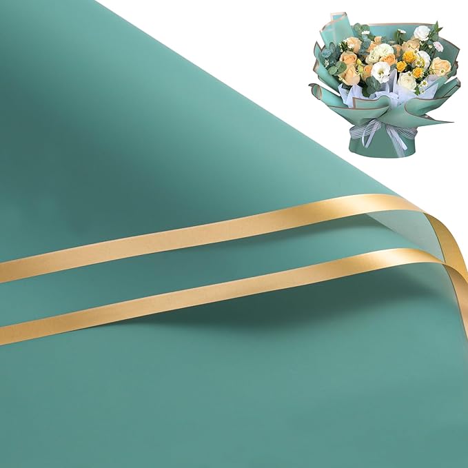 WRAPAHOLIC 20 Sheets Gold Trim Green Floral Wrapping Paper, 22.4 x 22.4 Inch, Water-Resistant, Multi-Purpose, Gift Giving, Celebrations