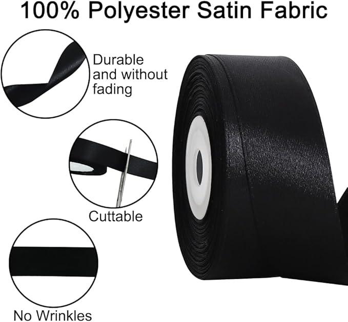 TONIFUL Black Satin Ribbon 1 Inch X 25yds Solid Silk Ribbons for Gift Wrapping, Craft, Floral Bouquets, Valentine's Day Christmas Gift Wrapping, Party Wedding Decoration