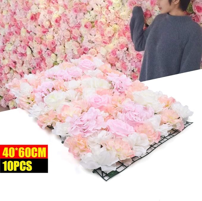 Flower Wall Panel Floral Backdrop,10Pack Champagne Flower Wall Decor,Silk Rose Wall, Artificial Flower Backdrop Faux Flower Panel for Wedding (10PCS PINK1)