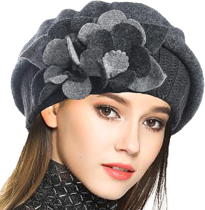 VECRY Lady French Beret 100% Wool Beret Floral Dress Beanie Winter Hat