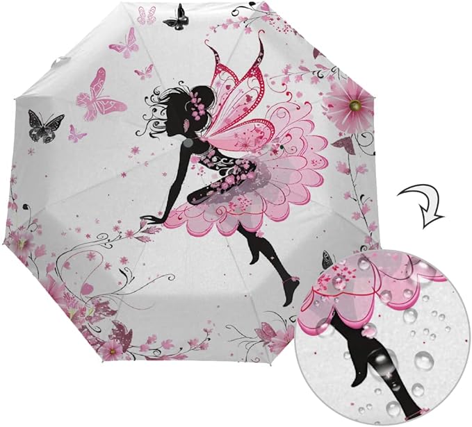 Windproof Travel Umbrella Pink Flower Butterfly Girls Compact Auto Open/Close Folding Umbrellas for Rain