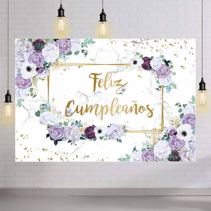 MEHOFOND 10x7ft Feliz cumpleaños Backdrop Purple and White Flower Birthday Photography Background Girl Geometric Gold Glitter Dots Birthday Floral Party Decorations Cake Smash Decor Studio Photo Props