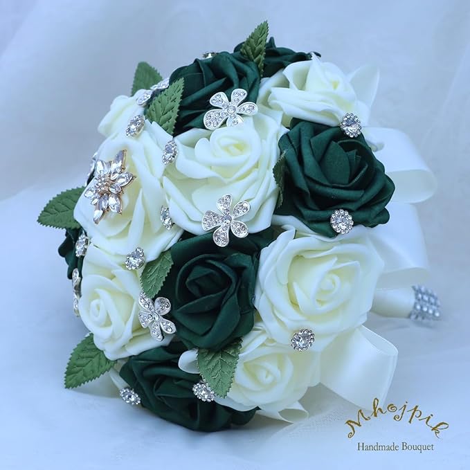 Lightweight Bridal Wedding Bouquet Round Holding Bouquet Throw Toss Artificial Rose Flower Bunch for Bride Bridesmaid Wedding Quinceanera (Cream & Dark Green, 7.9")