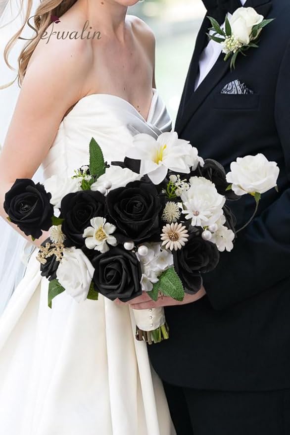 Serwalin Black Artificial Flowers and White Deluxe Combo Box Set, Daisy Fake Flower for DIY Wedding Bridal Bouquet, Centerpieces Decor, Floral Arrangement Decor, etc.