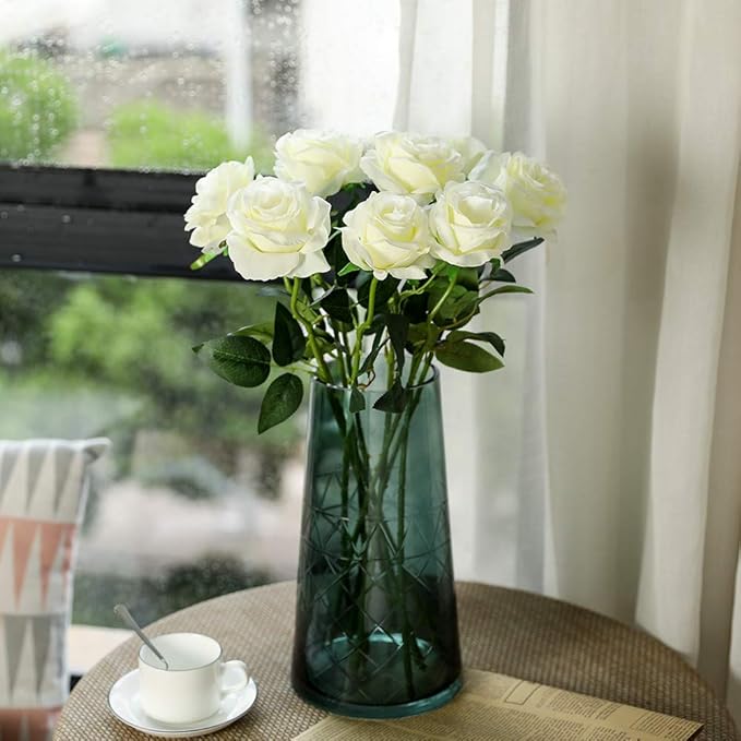 Nubry Artificial Silk Rose Flower Bouquet Lifelike White Fake Rose for Wedding Home Party Decoration Event Gift 10pcs (Off White)