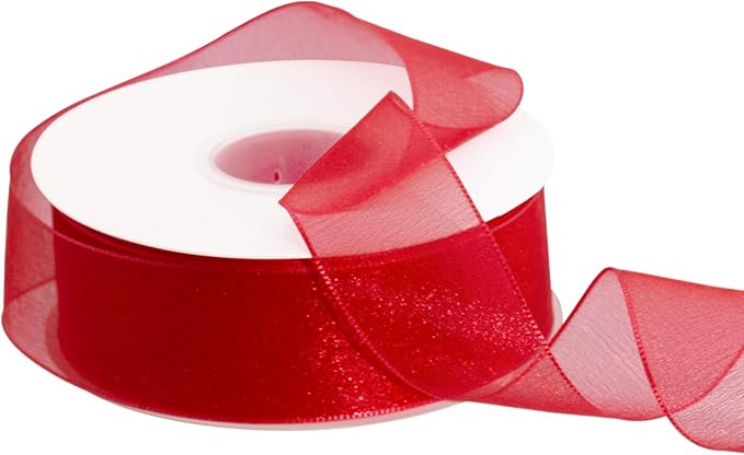 Sheer Organza Ribbon 1-1/2 Inch Chiffon Ribbons for Bouquets Garland, Gift Wrapping, 50 Yards/Roll (Red)