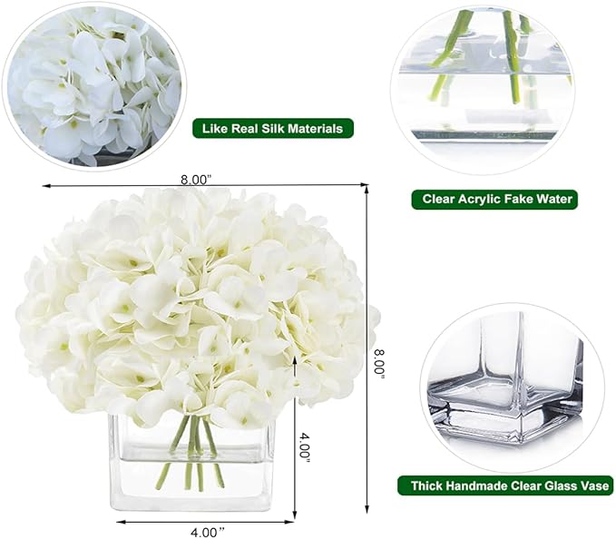 Faux Hydrangea Flowers in Vase, Small Silk Flowers in Vase with Fake Water for Home Decor Wedding Table (Cream)