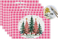PVC Placemats Set of 6 Wipeable Table Mats Washable Heat Resistant Non Slip Vinyl Dining Table Mat for Kitchen Indoor Outdoor Patio Farmhouse Place Mats Pink Grid Christmas Tree Decorative