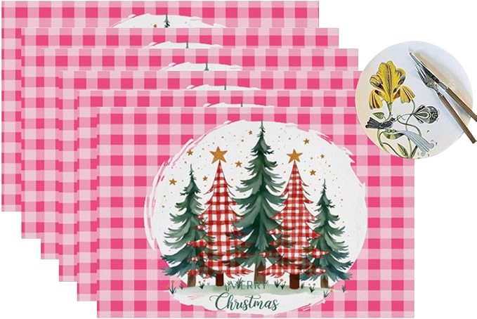 PVC Placemats Set of 6 Wipeable Table Mats Washable Heat Resistant Non Slip Vinyl Dining Table Mat for Kitchen Indoor Outdoor Patio Farmhouse Place Mats Pink Grid Christmas Tree Decorative