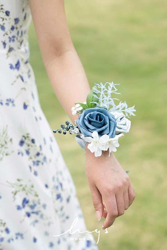 Ling's moment 6pcs Wedding Wrist Corsage Artificial Flowers, Girl/Mother Homecoming Prom Corsages Wristlet Décor, etc. Dusty Blue Light Blue