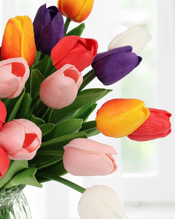 MACTING 30PCS Artificial Tulip Flowers 13.7" Fake Flowers Real Touch Faux PU Tulips Bouquet for Floral Arrangement Table Centerpieces Kitchen Home Kitchen Indoor Outdoor Summer Decor(Multi Colors-2)
