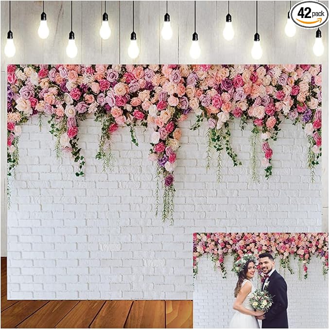 LTLYH 12x10ft White Brick Wall Backdrop Pink Flowers Backdrops Girls Birthday Party Weeding Bridal Shower Anniversary Ceremony Decor 134……