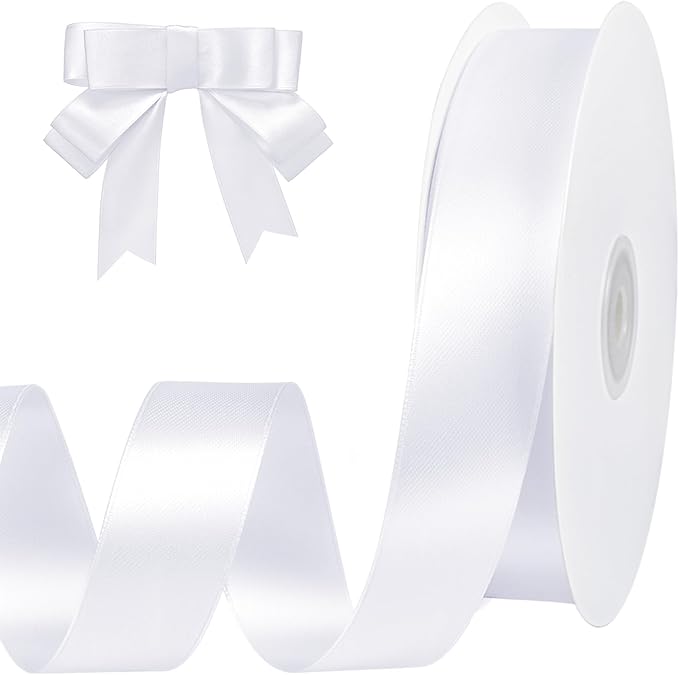 White Ribbon 1 inch 60 Yards Double Faced White Satin Ribbon for Crafts DIY Hair Chair Cheer Bows Gift Wrapping Christmas Bedroom Decor Flower Bouquet Wedding Invitation