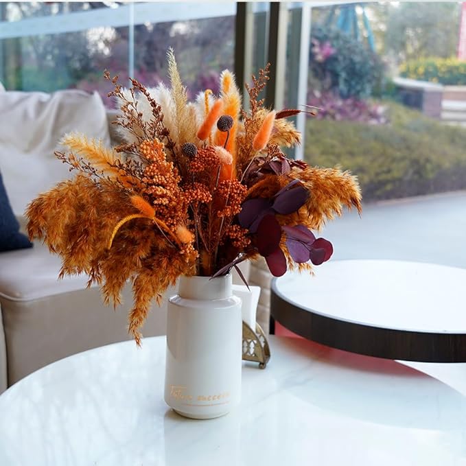 Natural Dried Pampas Grass Bouquet,17" Natural Dried Flower Bouquet, Orange Ear of Sorghum and Autumn Pampas Grass Combination ,Bohemian Style Family Wedding Country Farmhouse Decoration