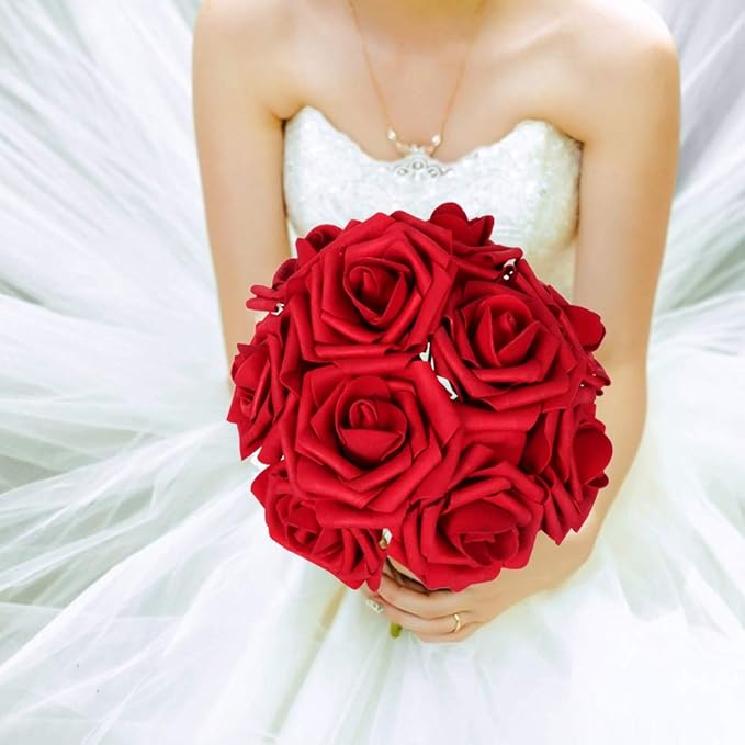 AmyHomie Artificial Flowers Dark Red Rose 50pcs Real Looking Fake Roses w/Stem for DIY Wedding Bouquets Centerpieces Arrangements Party Baby Shower Valentines Day Christmas Tree Decorations