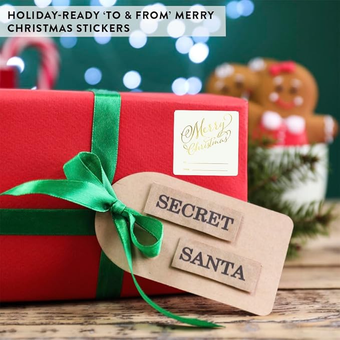 Andaz Press Square Gift Label Stickers, Stylized Merry Christmas to from, Metallic Gold Ink, 40-Pack Gold Christmas Tags Christmas Name Tags Stickers Christmas Sticker Tag