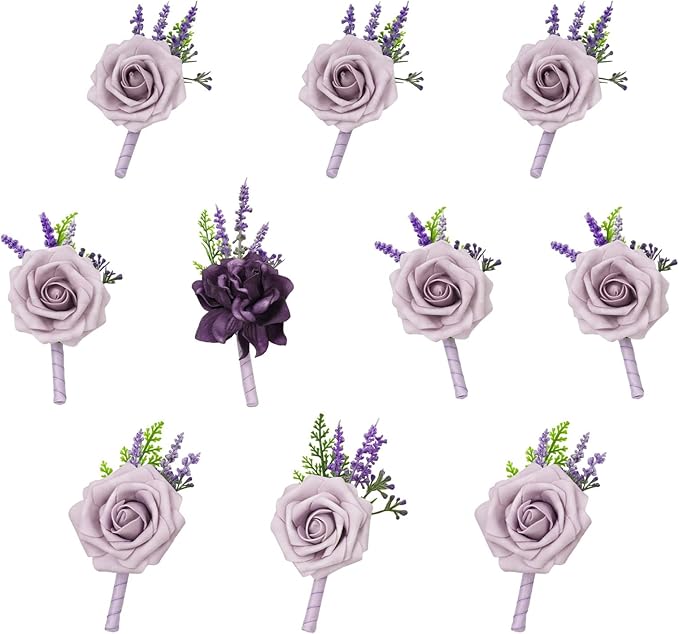 TINGE TIME Boutonniere for Men Wedding - 10pcs Purple Groom & Groomsmen Boutonnieres Set for Wedding Ceremony, Anniversary, Prom, Formal Dinner, Rustic Spring Wedding(Lavender & Plum)
