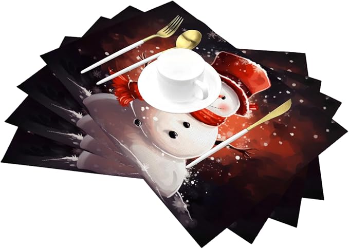 PVC Placemats Set of 4 Wipeable Table Mats Washable Heat Resistant Non Slip Vinyl Dining Table Mat for Kitchen Indoor Outdoor Patio Farmhouse Place Mats Christmas Snowman Red Decorative