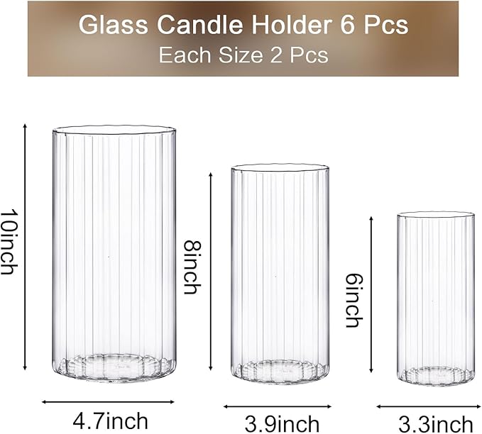 PHOSPHOR 6 PCS Ribbed Glass Candle Holder, Cylinder Candle Holders for Pillar Candles, Clear Glass Hurricane Candle Holders 6'', 8'', 10'' Glass Cylinder Centerpieces Vases