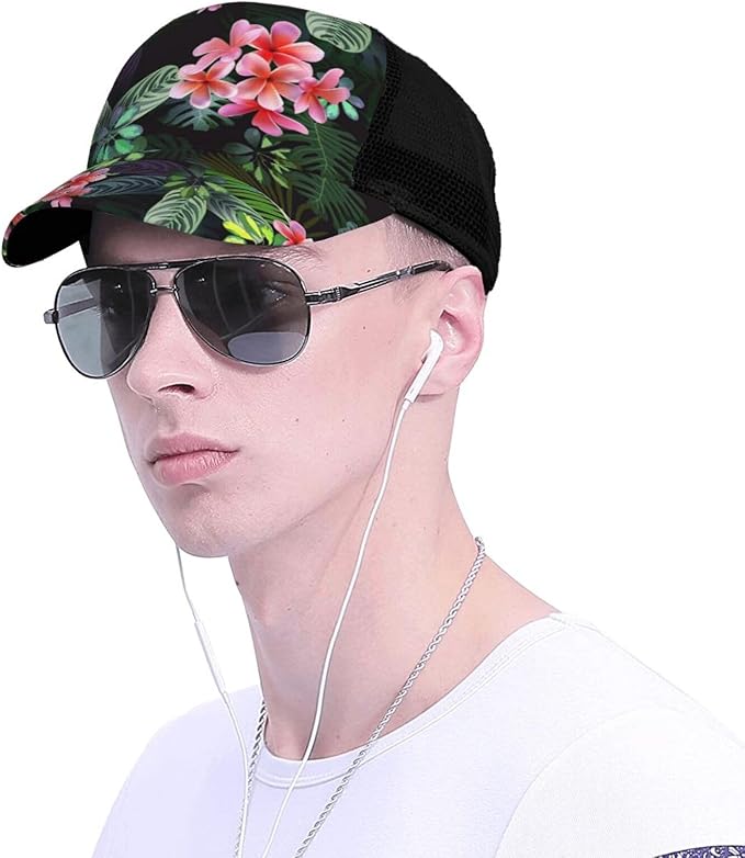 Tropical Pink Flowers Hats Women Men Hawaii Trucker Hat Adjustable Snapback Mesh Baseball Cap Hat
