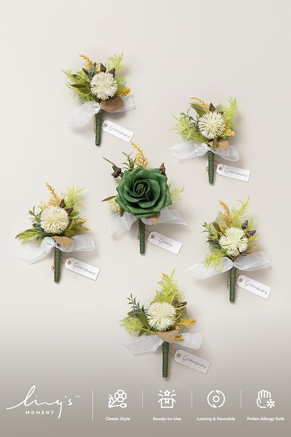 Ling's Moment Boutonniere for Men, 6pcs Groom Groomsmen Boutonniere, Artificial Flowers for Wedding Decor/Prom/Homecoming, etc.Emerald Green Beige
