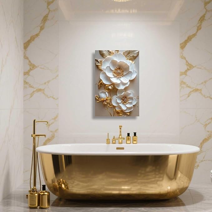 ZSHARTSWD Abstract White & Gold Floral Canvas Wall Art Elegant Flowers Pictures Prints White Flower Golden Leaves Painting Living Room Bathroom Decor Framed (Gold, 42L x 28W)