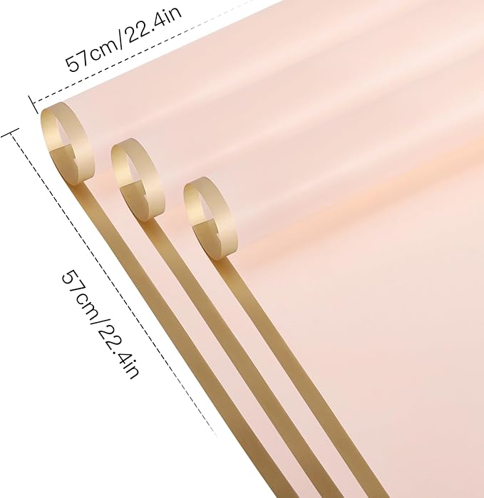 WRAPAHOLIC 20 Sheets Flower Wrapping Paper - 22.4 x 22.4 inch Gold Trim Rose Pink Water-Resistant Floral Bouquet Wrapping Paper, Florist Supplies Packaging Paper for Wedding Birthday Gift DIY