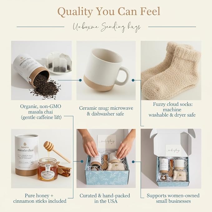 Unboxme Sending Hugs Get Well Soon Gift Basket & Care Package for Women - Self Care Gift Box with Fuzzy Socks, Ceramic Mug, Chai Tea, Honey