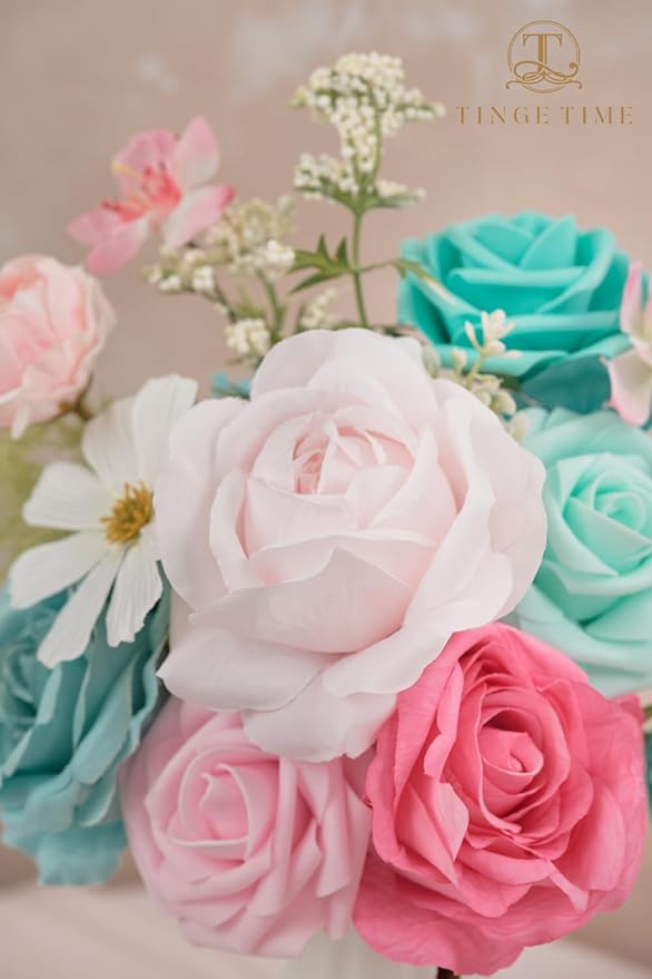 TINGE TIME Artificial Flowers Combo Set Teal Blue & Pink Flowers Mix Silk Flowers Roses with Stem for DIY Wedding Bridal Bouquets Baby Shower Floral Arrangement Table Centerpieces Home Decorations