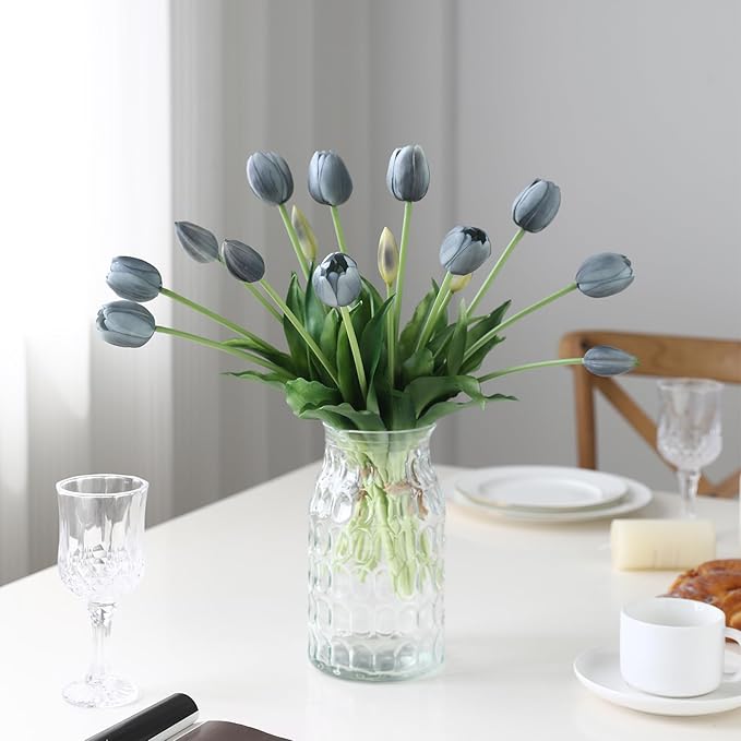 15pcs Fall Blue Tulips Artificial Flowers Real Touch Latex Fake Tulips Flower Soft Faux Tulip Bouquets Arrangements for Party Wedding Home Garden Outdoors Decor