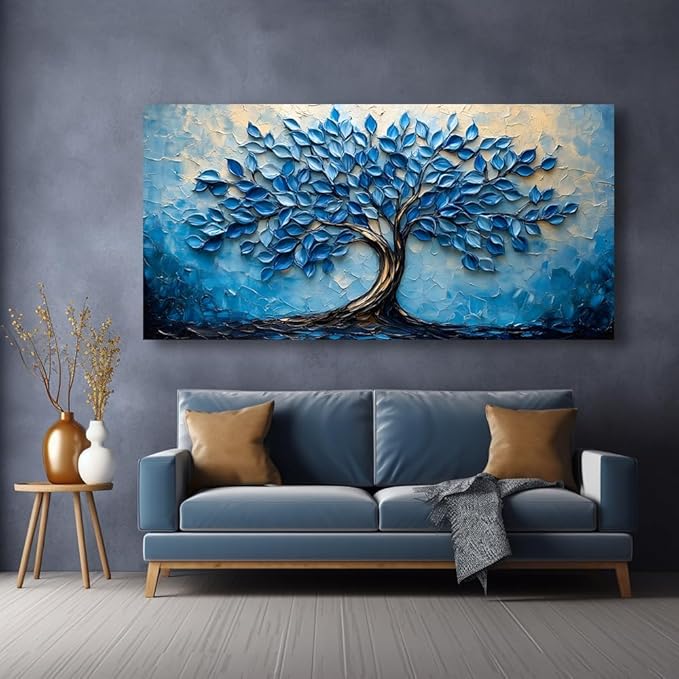 LAVIKARS Modern Tree of Life Wall Art for Living Room Office Navy Blue Abstract Oil Landscape Canvas Painting Prints Large Nature Artwork Home Kitchen Bedroom Decor (28x58 Inches)