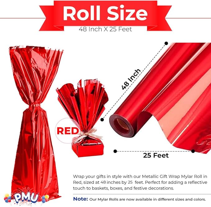 PMU Gift Wrap Mylar Roll Metallic Red 2-sided, 48 Inches X 25 Ft Roll 1.4 Mil Highly Reflective Mylar Film, Great for Gifts, Birthdays, Christmas, Baskets, Arts & Crafts