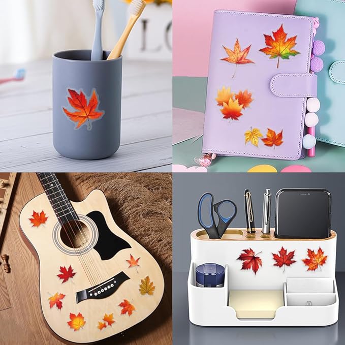 60 Pcs Fall Maple Leaf Stickers, Transparent Autumn Thanksgiving Stickers, Waterproof PET Vinyl Decals for Journaling, Scrapbooking, Laptop, Water Bottle, Gift Tags, Seasonal Decor